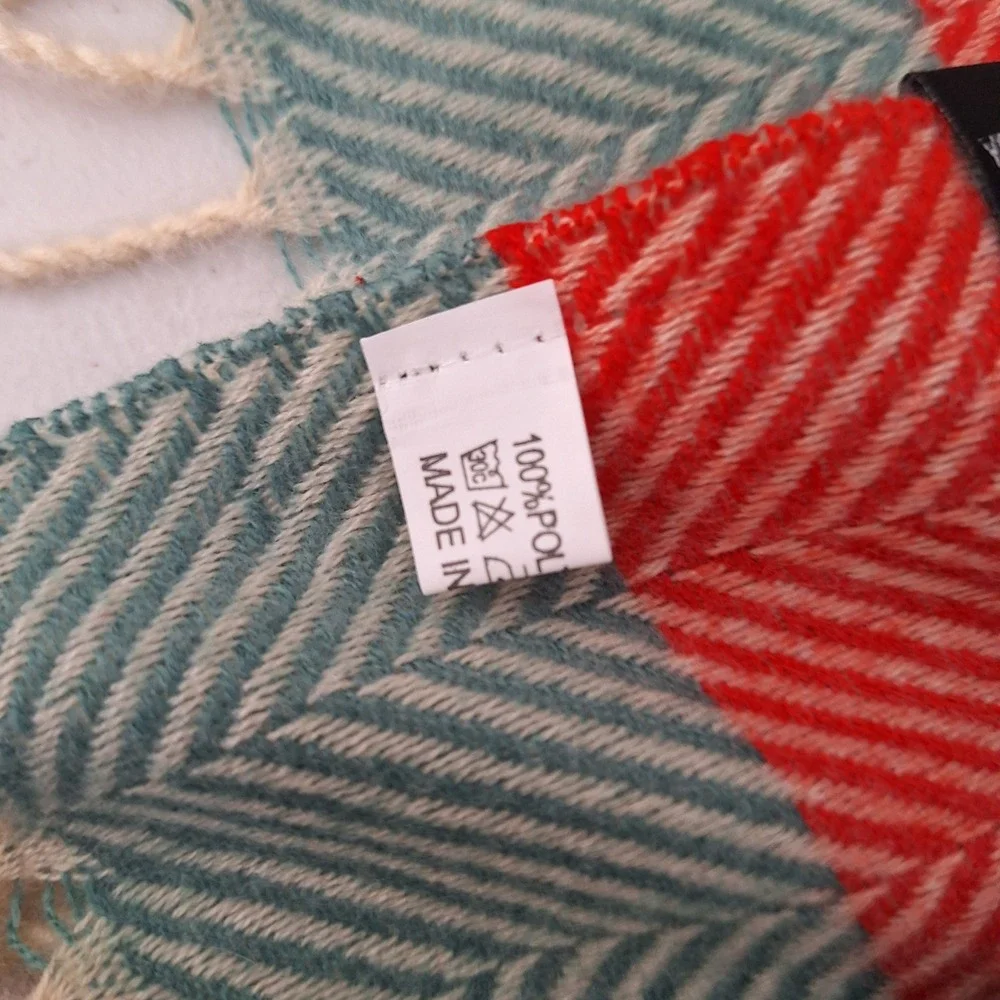 Herringbone Scarf Shawl Wrap Teal Coral Gray Neutral Fringe Ends Cozy Warm